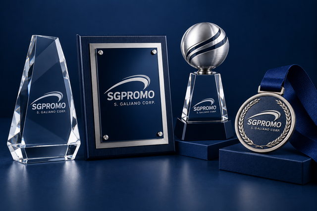 Crystal awards, an engraved plaque, and a commemorative medal