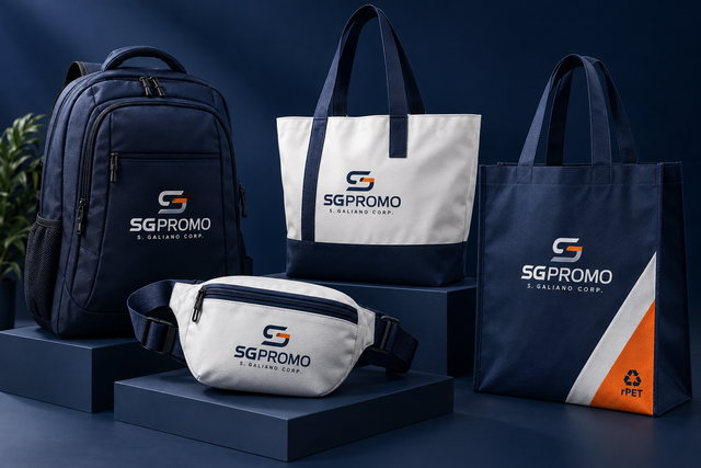 Branded backpack, belt bag, and canvas and non-woven totes