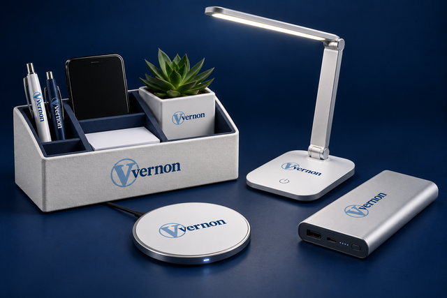A branded desk organizer, LED lamp, wireless charger, and power bank