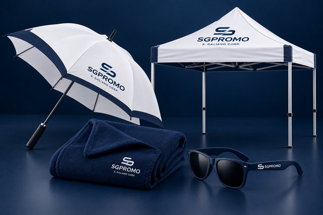 Branded golf umbrella, pop-up canopy tent, fleece blanket, and sunglasses