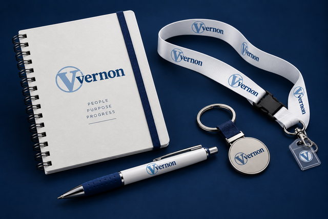 A branded notebook, lanyard, pen, and keychain for event giveaways
