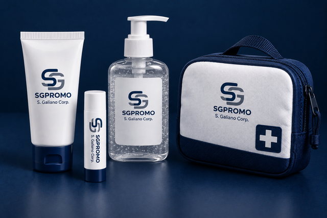 Branded hand lotion, lip balm, hand sanitizer, and a first-aid kit