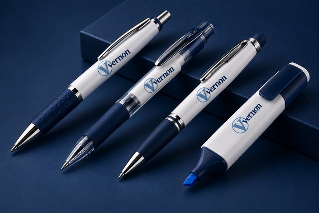 Branded ballpoint pens and a highlighter